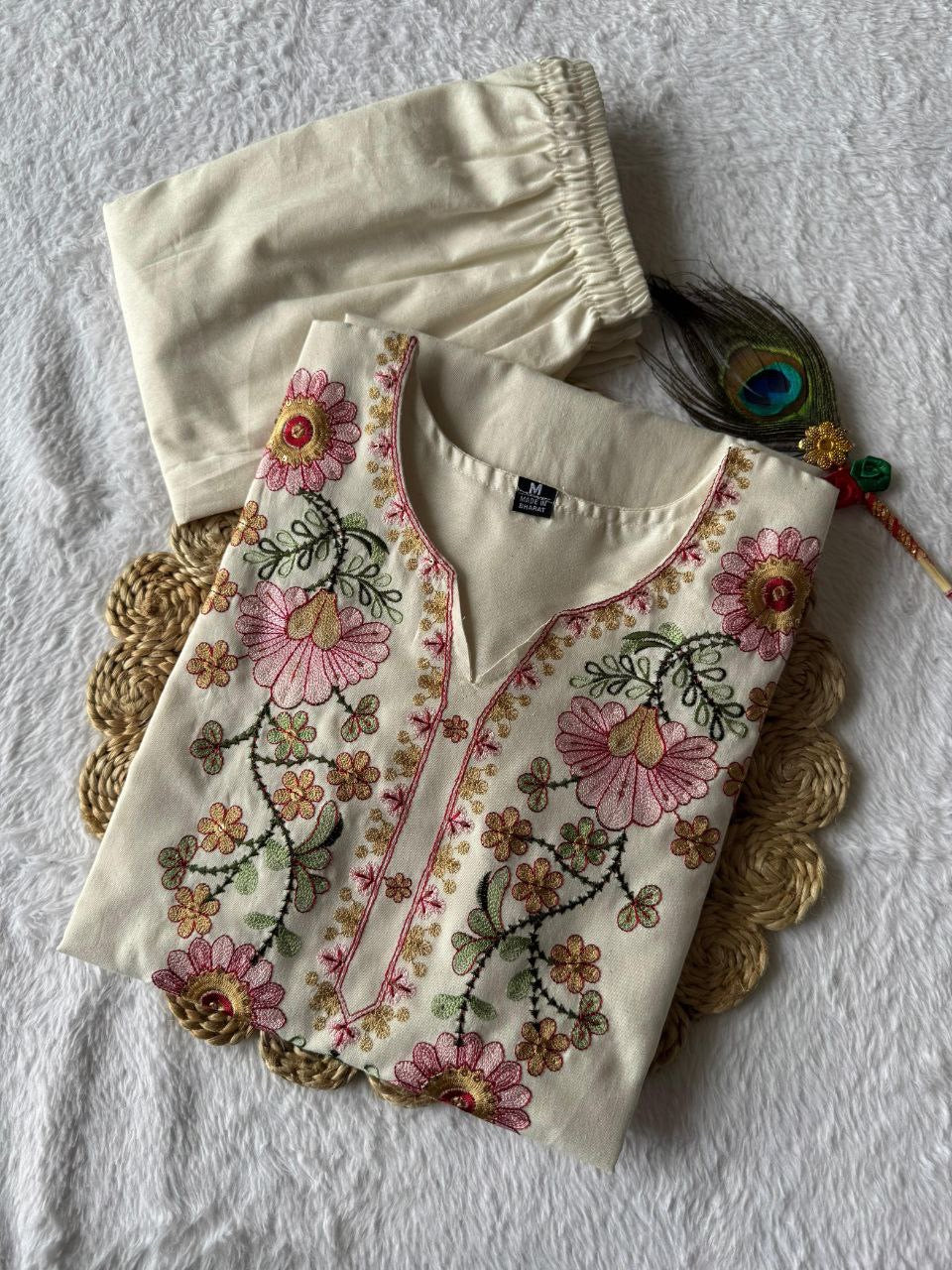 Cream Floral Kurti Set