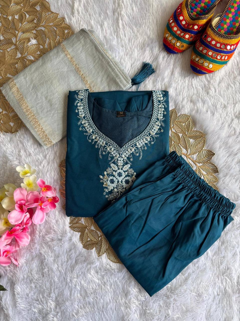 Teal Floral Kurti Set