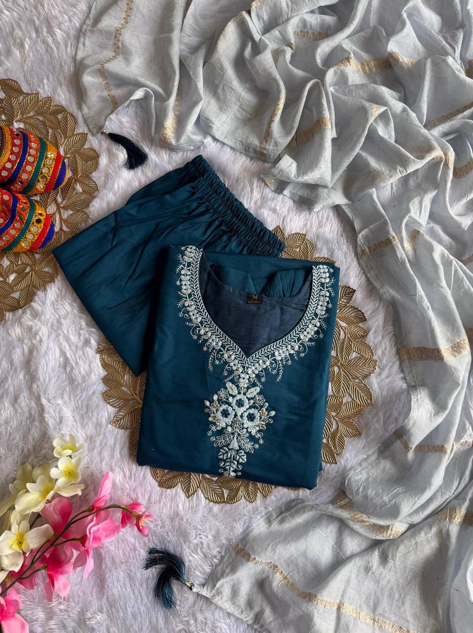 Teal Floral Kurti Set