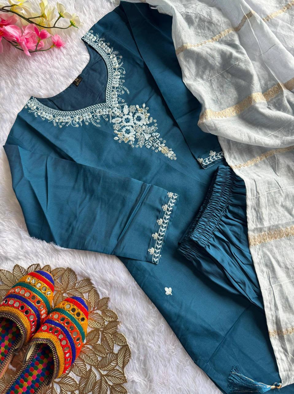 Teal Floral Kurti Set