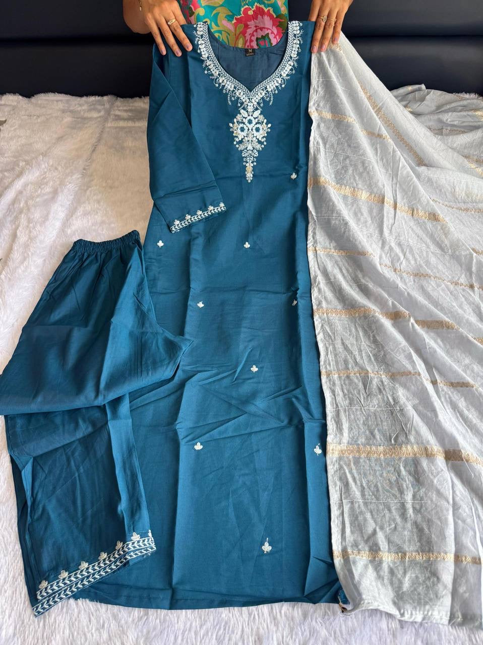 Teal Floral Kurti Set