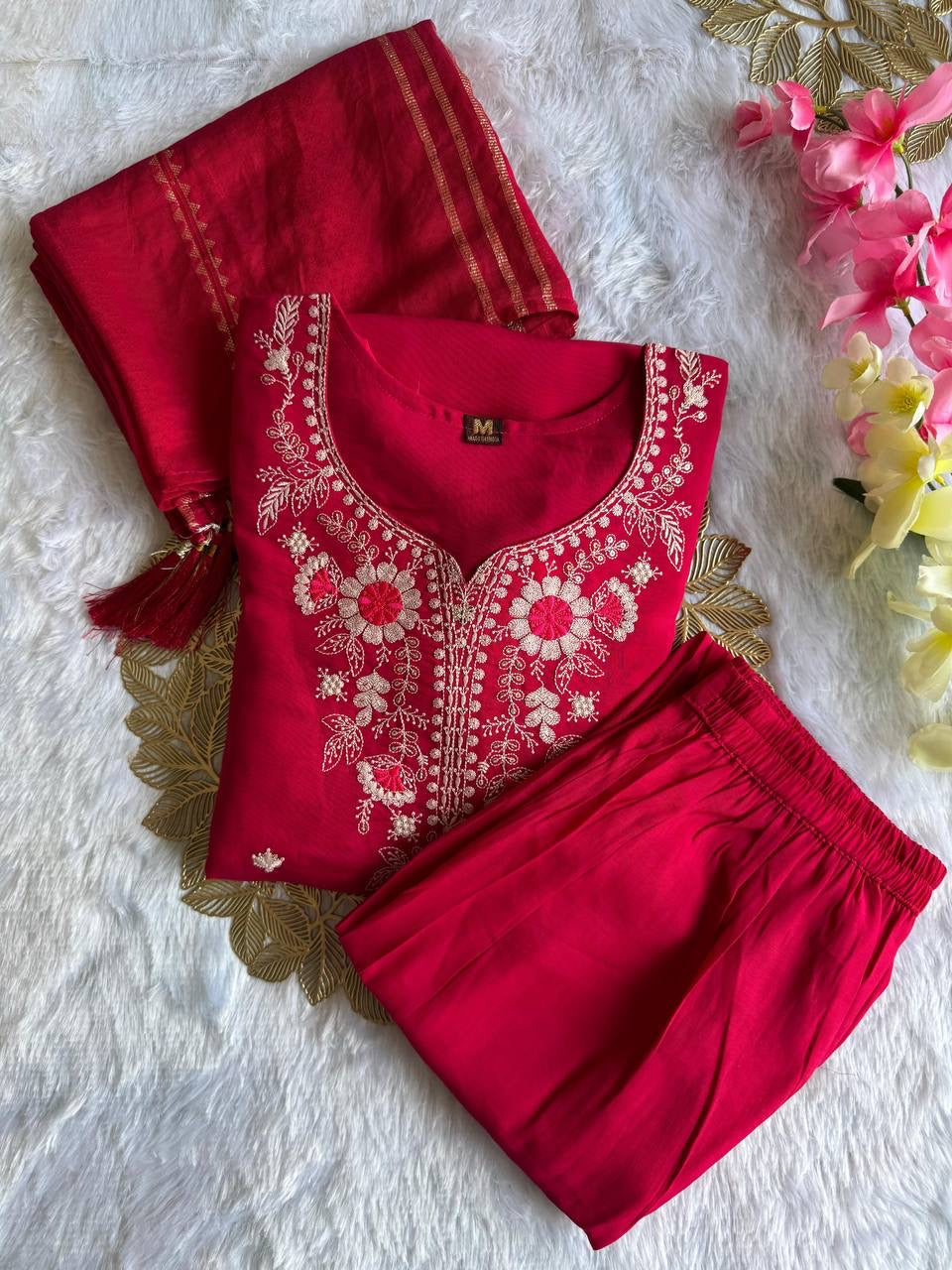 Red Floral Kurti Set