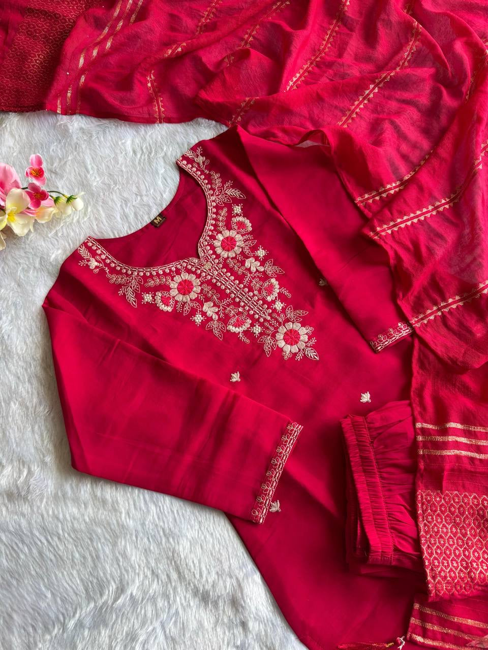 Red Floral Kurti Set