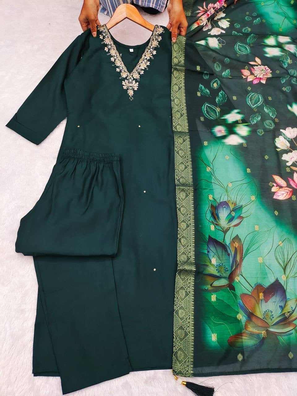 Bottle Green Floral Kurti Set