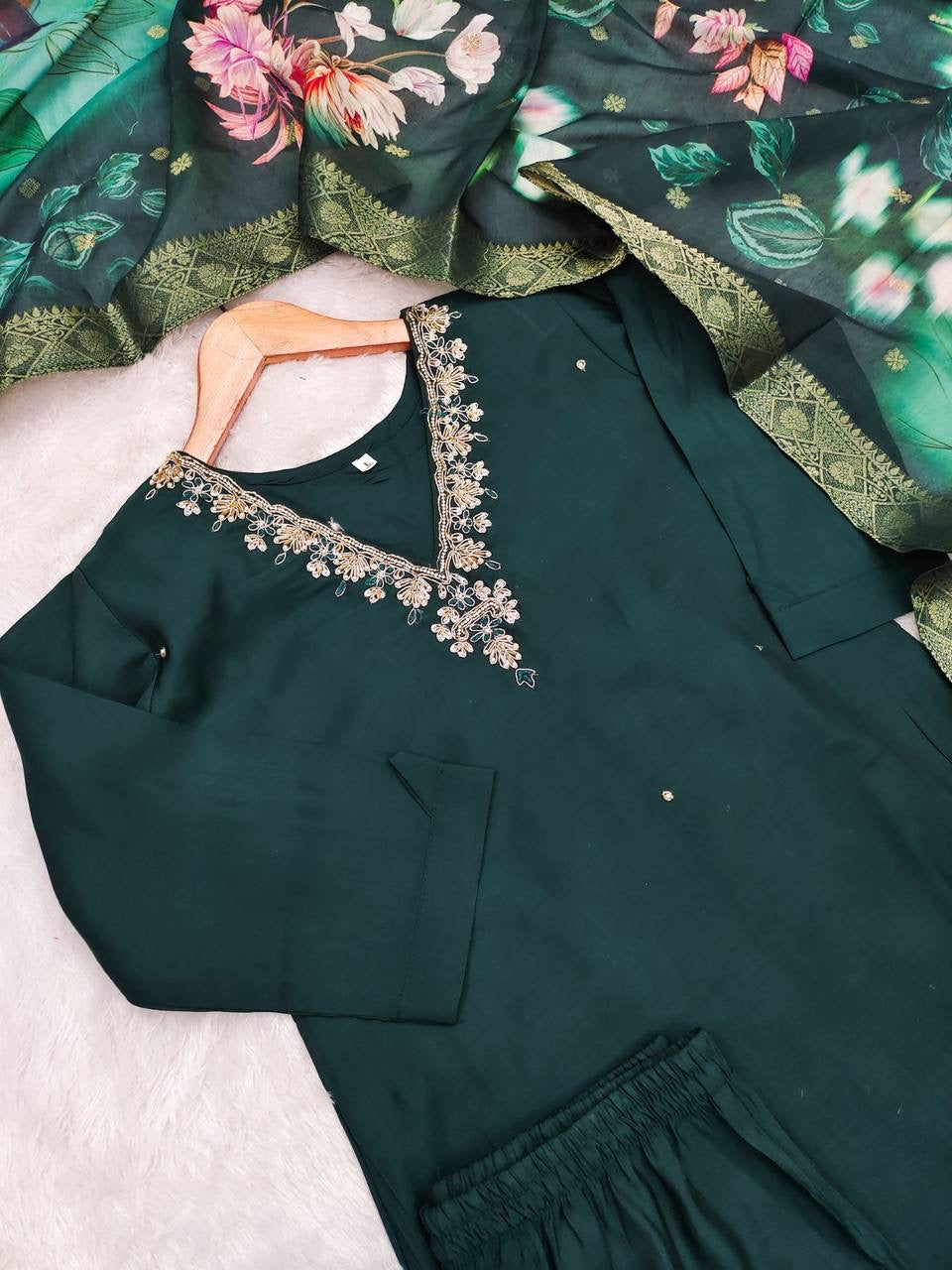 Bottle Green Floral Kurti Set