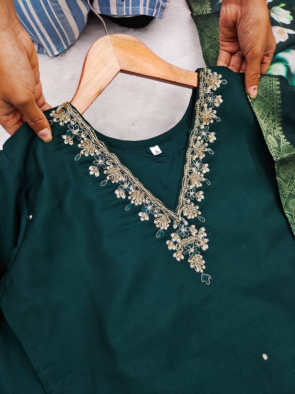 Bottle Green Floral Kurti Set