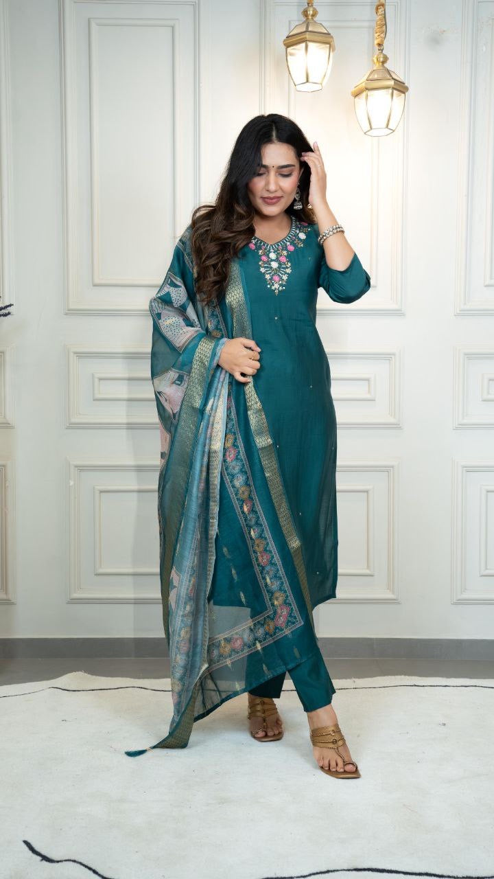Forest Green Floral Kurti Set