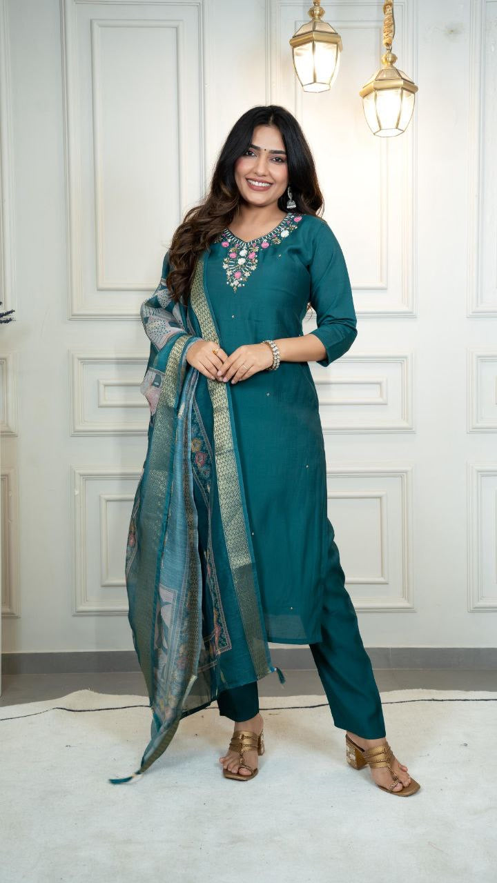 Forest Green Floral Kurti Set
