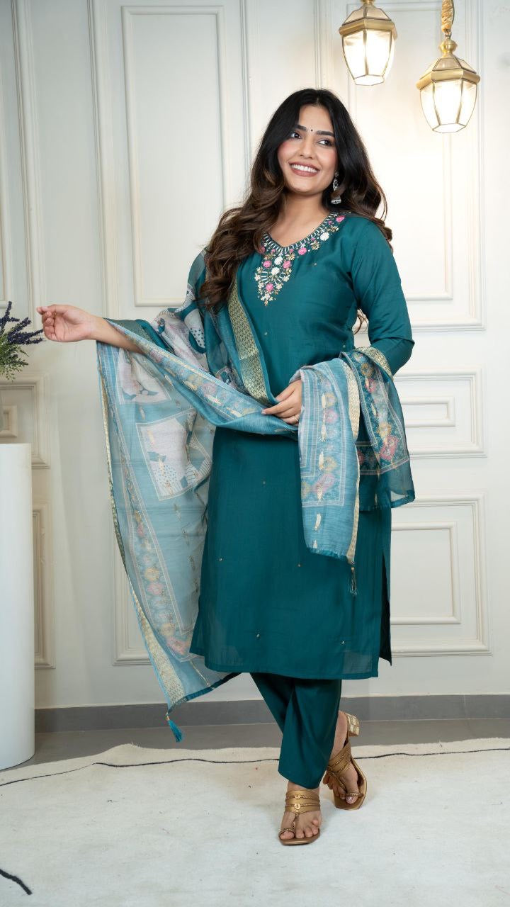 Forest Green Floral Kurti Set