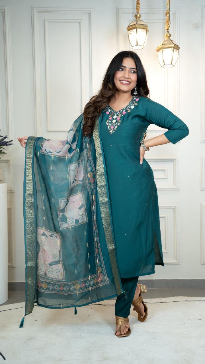 Forest Green Floral Kurti Set