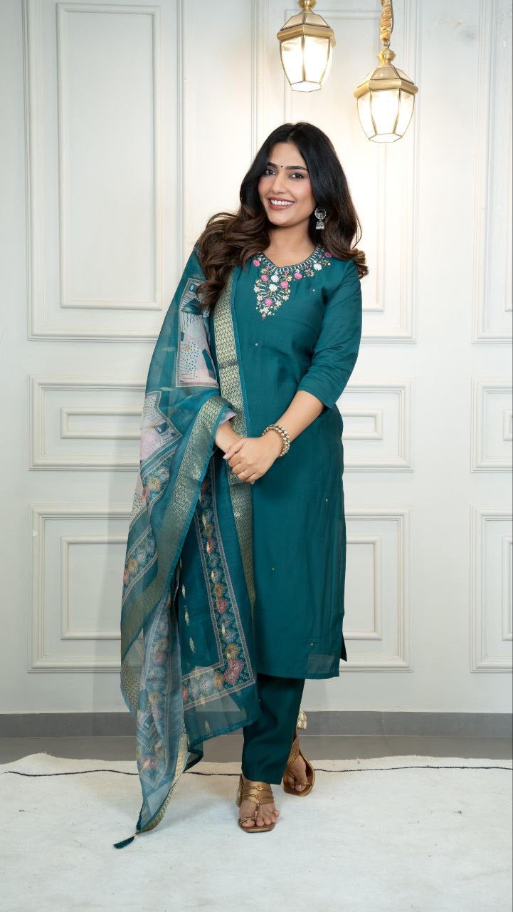 Forest Green Floral Kurti Set