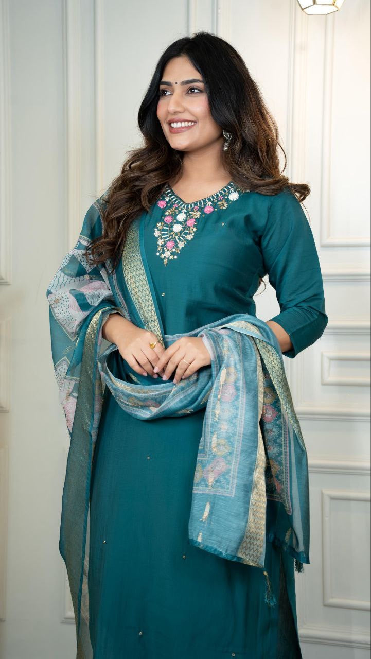 Forest Green Floral Kurti Set