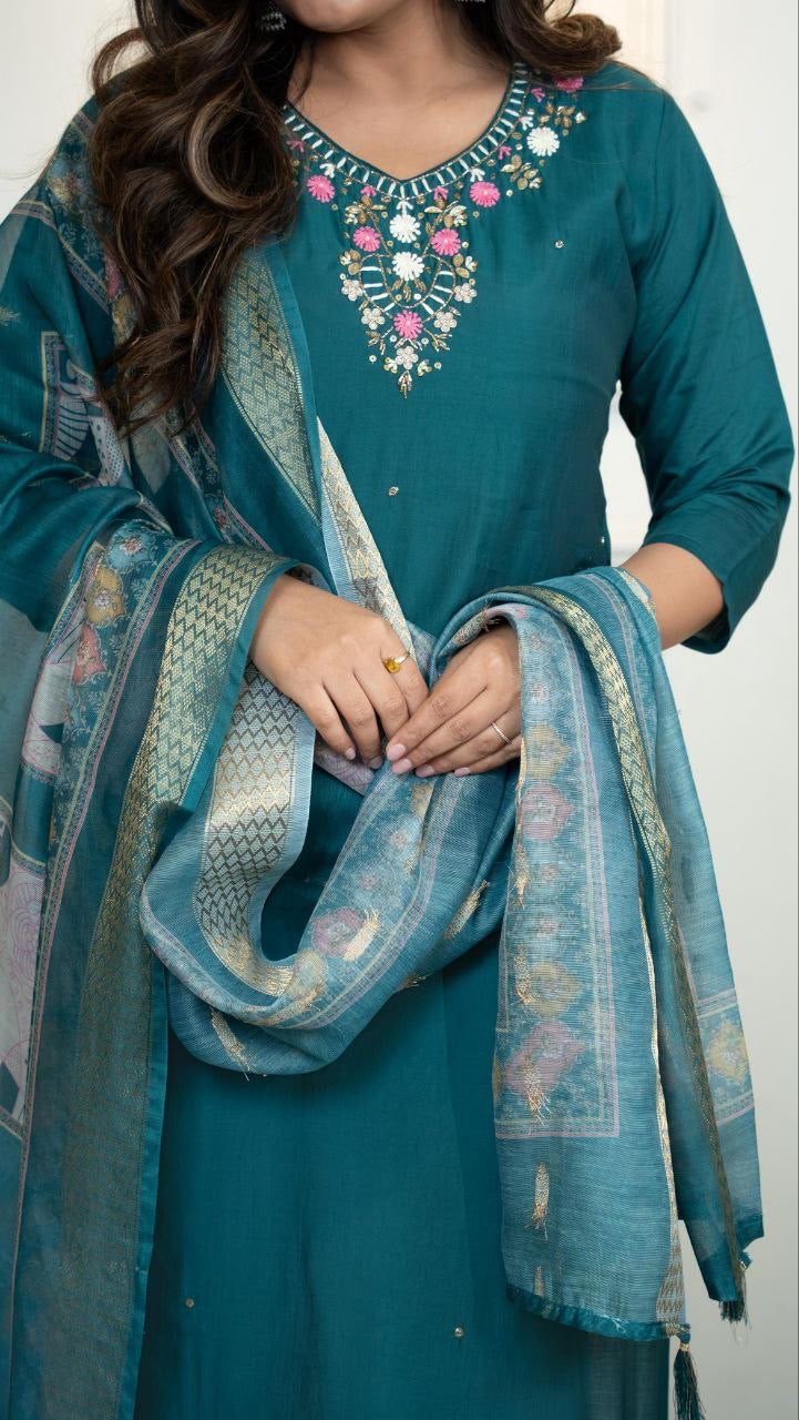 Forest Green Floral Kurti Set