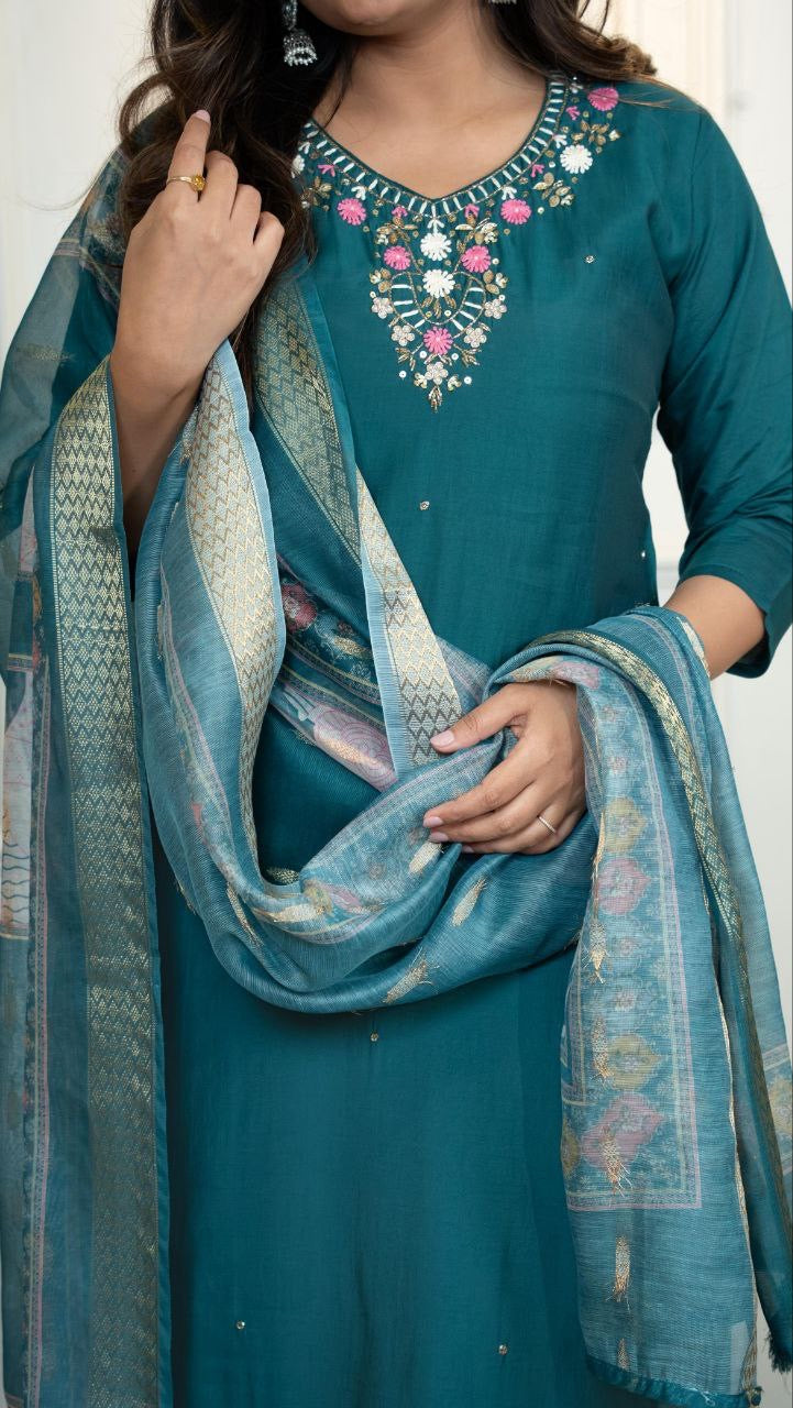 Forest Green Floral Kurti Set