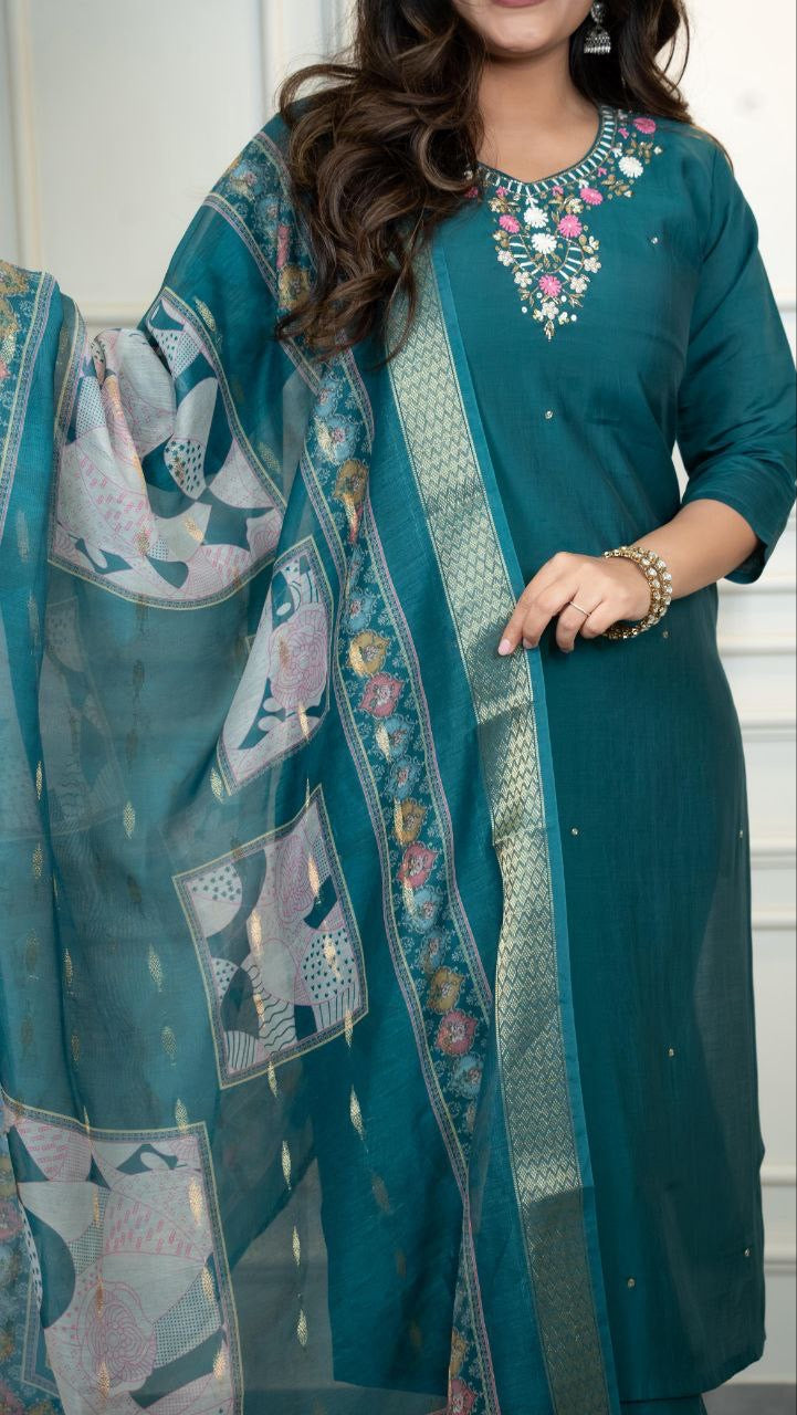 Forest Green Floral Kurti Set