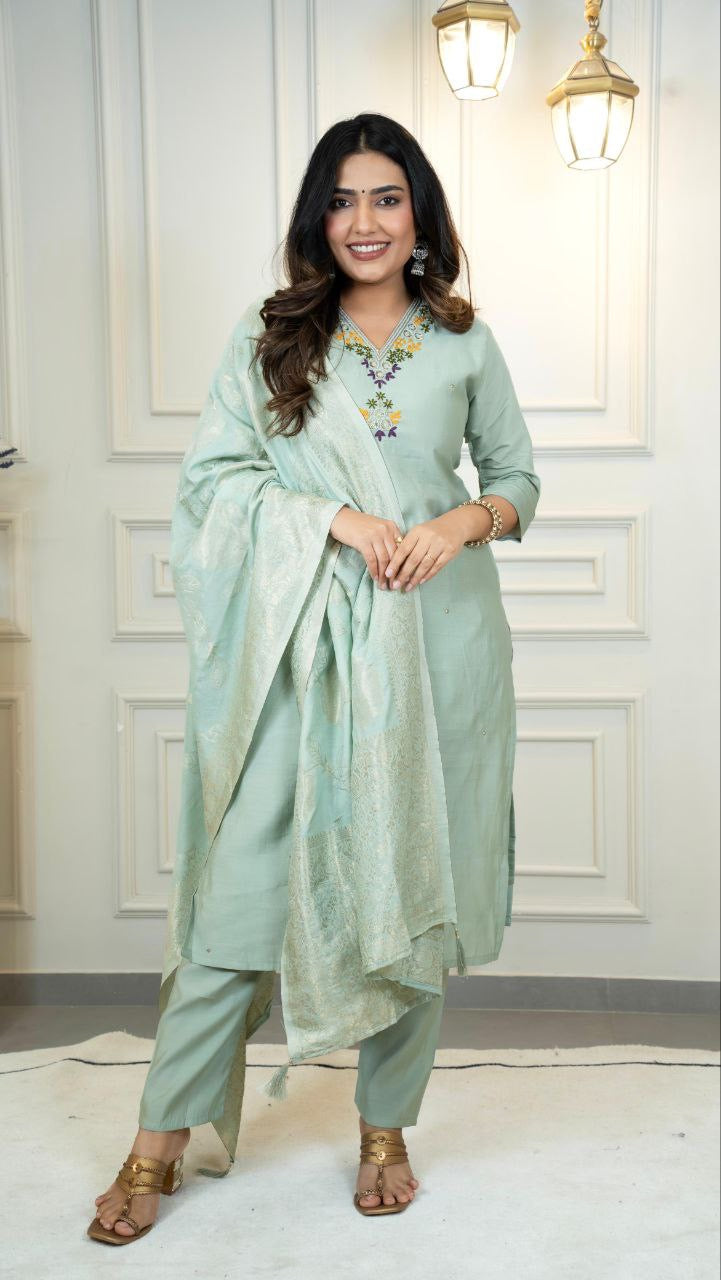 Mint Green Floral Kurti Set