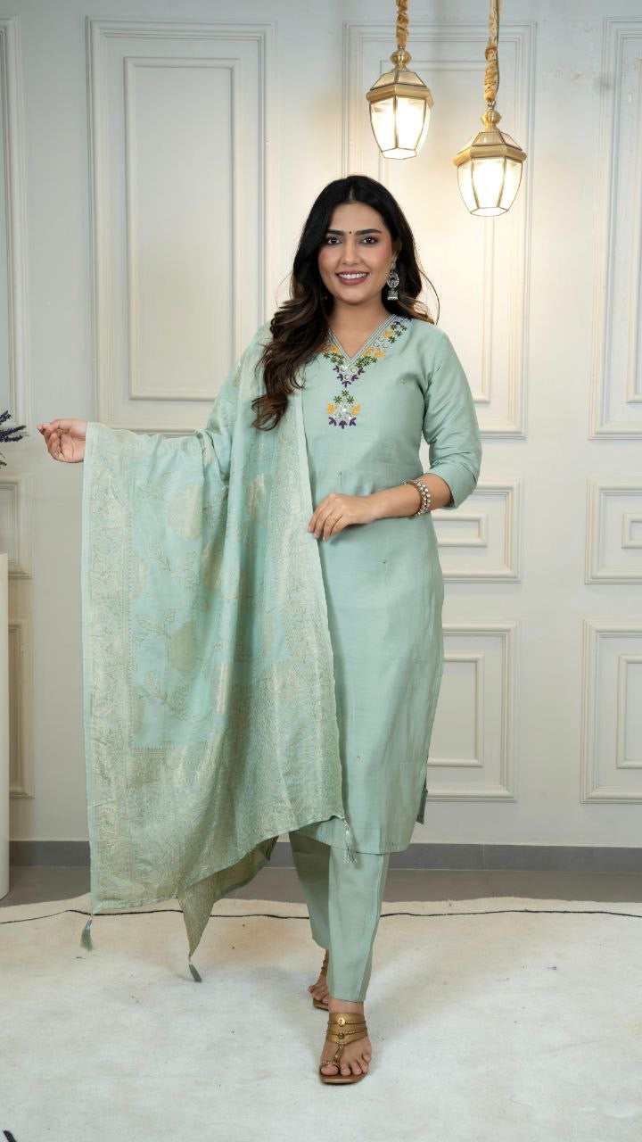 Mint Green Floral Kurti Set