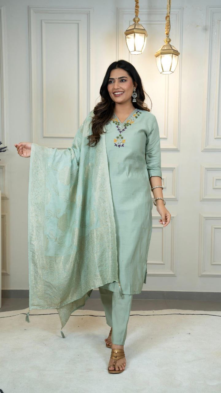Mint Green Floral Kurti Set