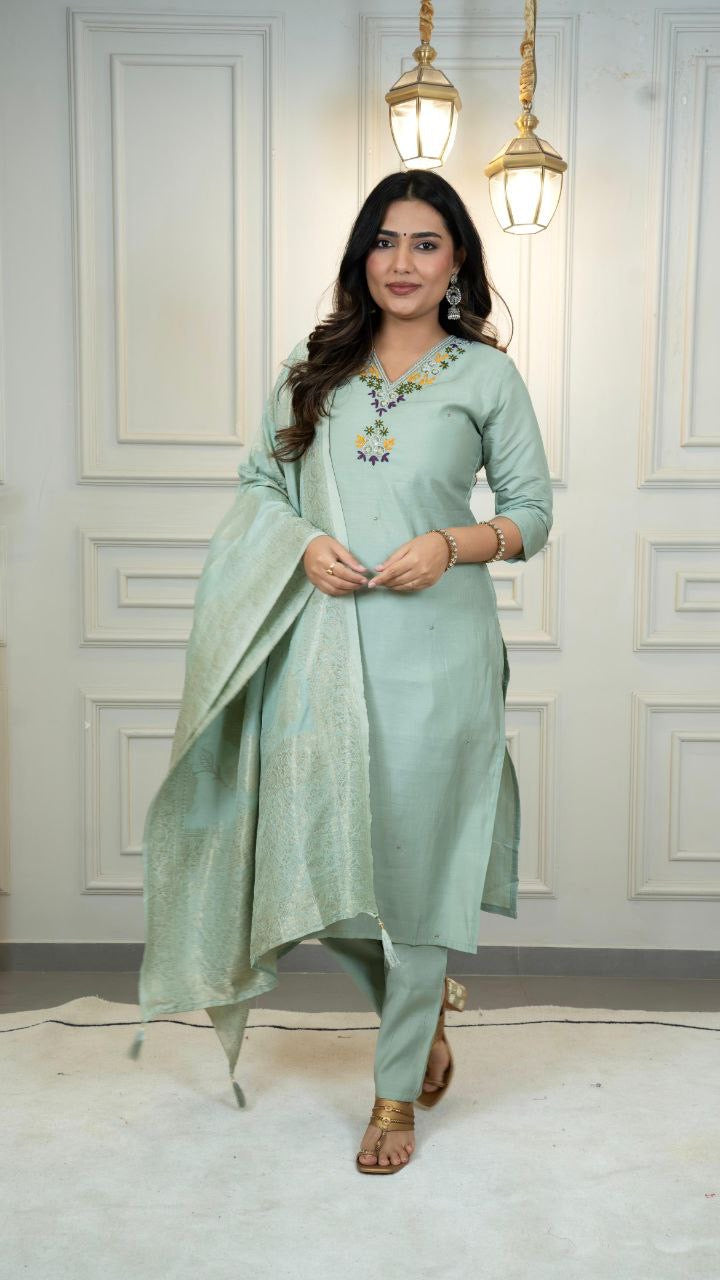 Mint Green Floral Kurti Set