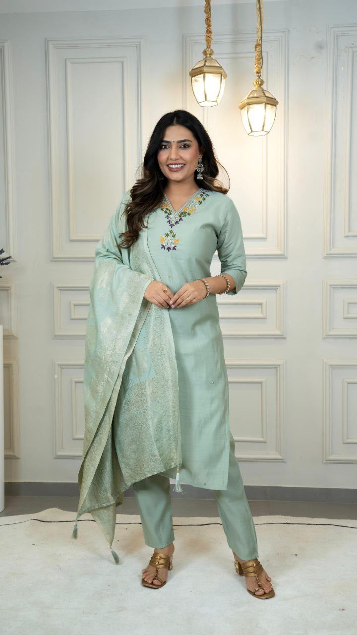 Mint Green Floral Kurti Set