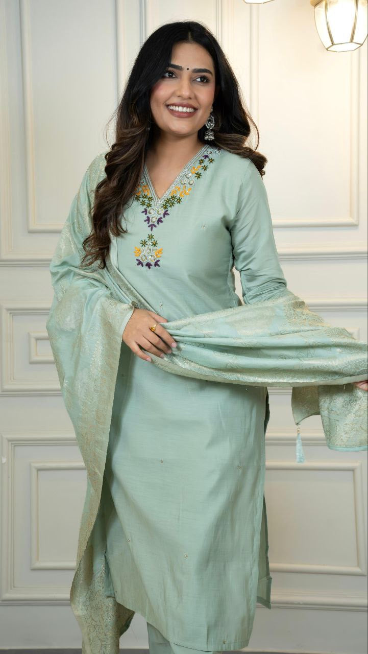 Mint Green Floral Kurti Set