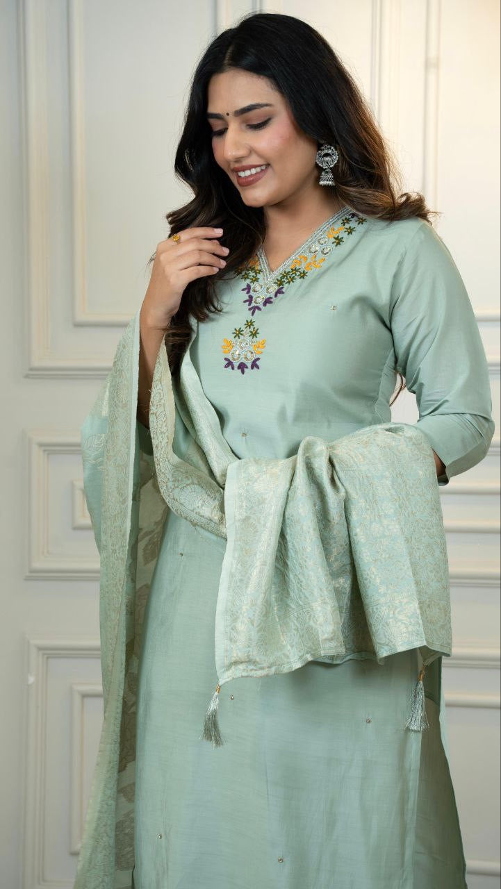 Mint Green Floral Kurti Set