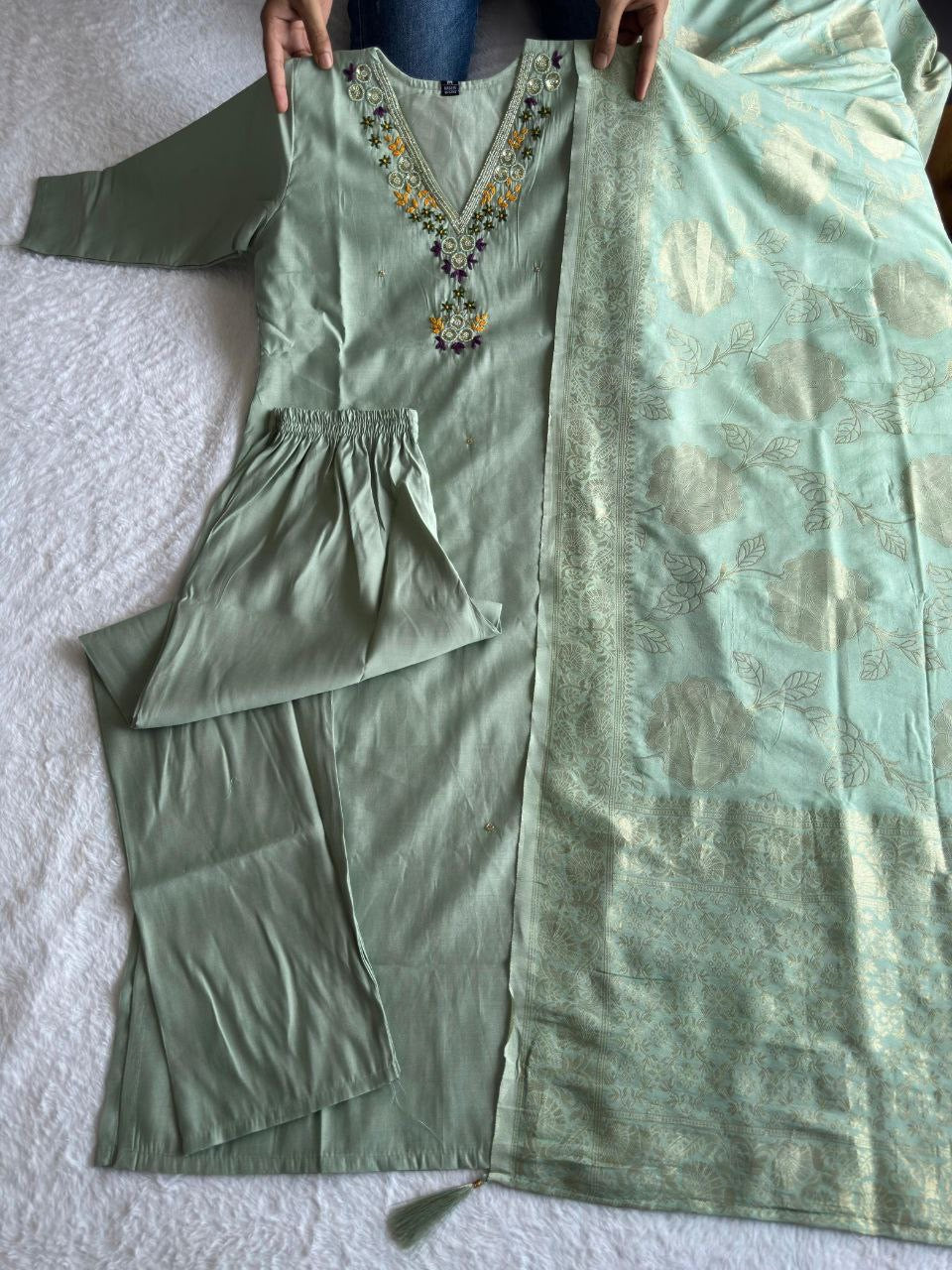 Mint Green Floral Kurti Set