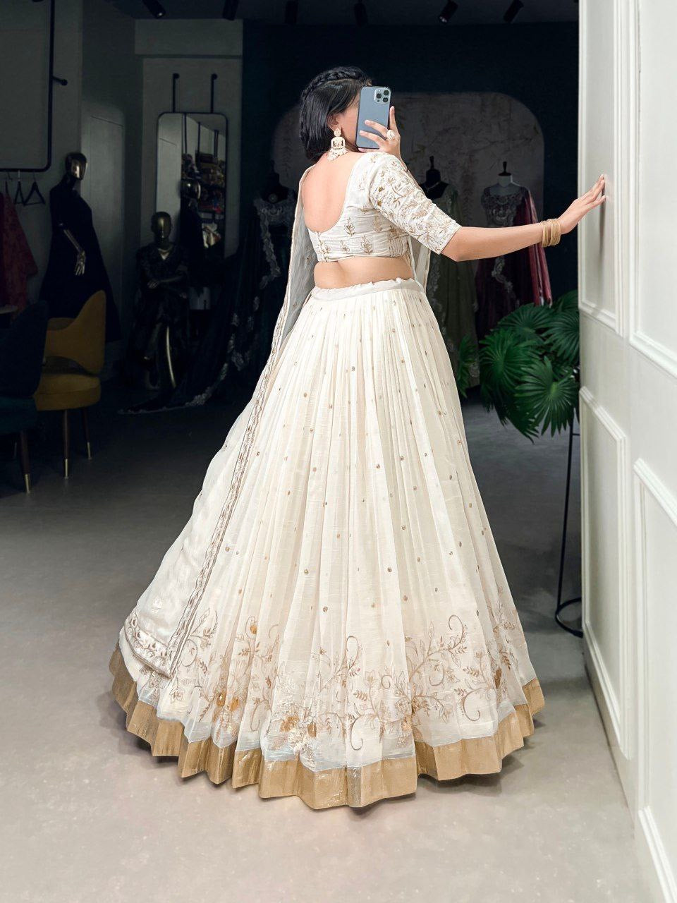 MEERA — Cream White x Gold Lehenga