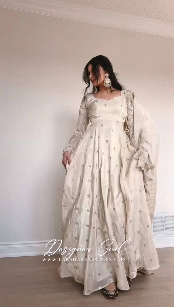 RABIAA - White x Silver Anarkali Suit