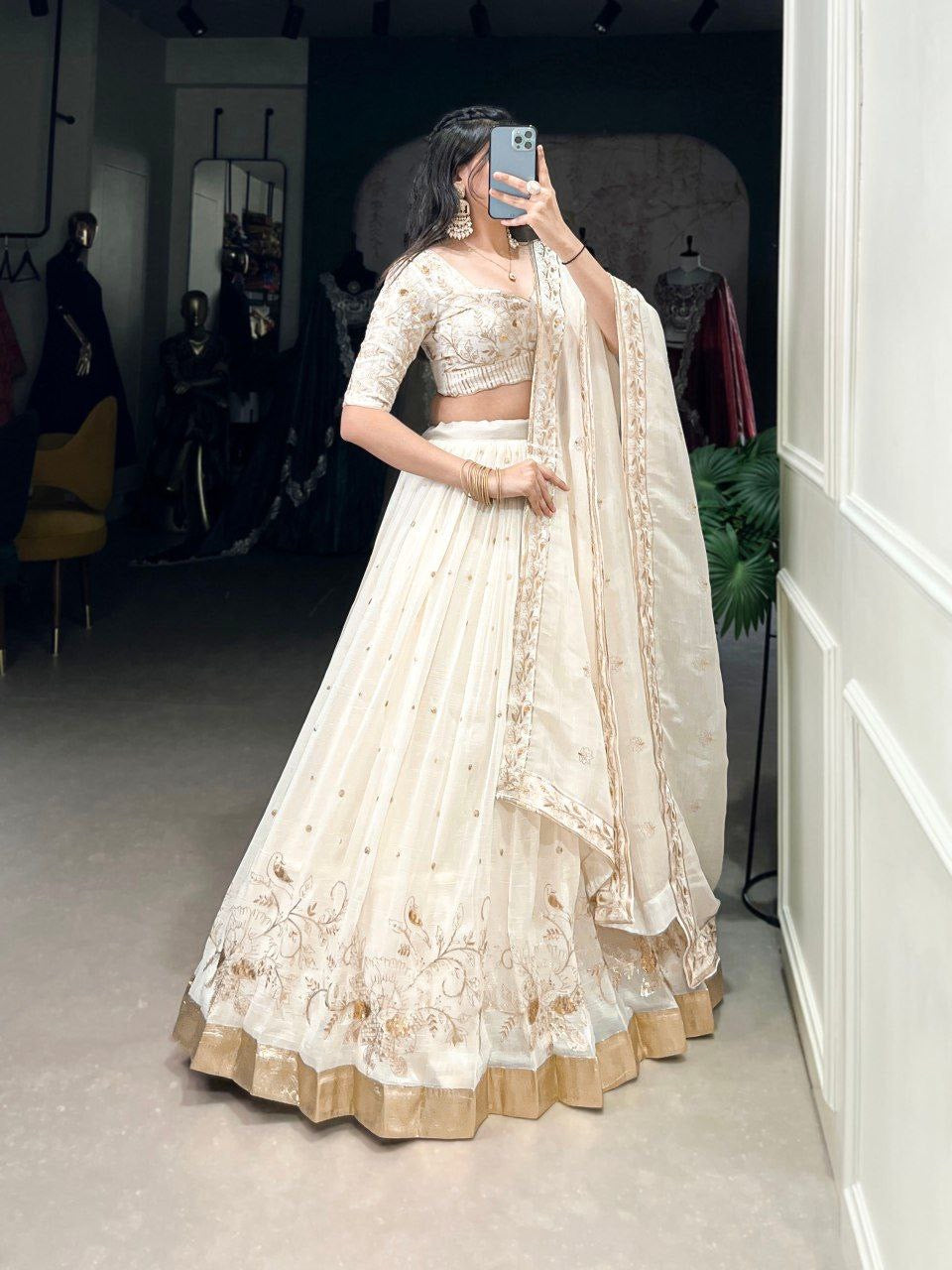 MEERA — Cream White x Gold Lehenga
