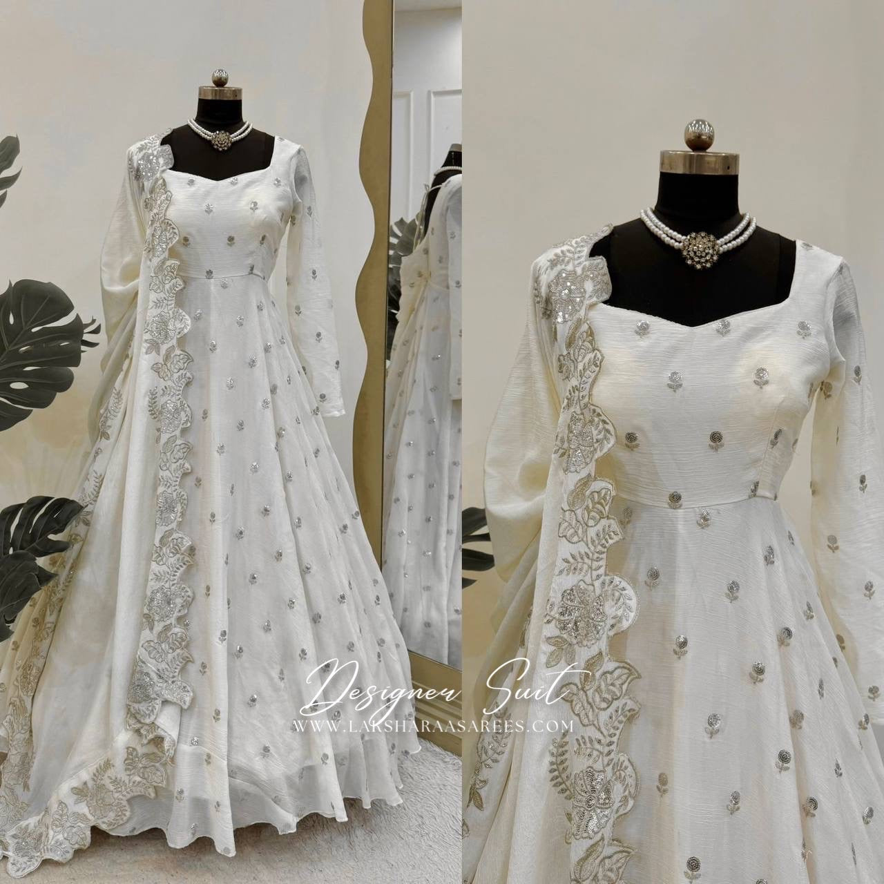 RABIAA - White x Silver Anarkali Suit