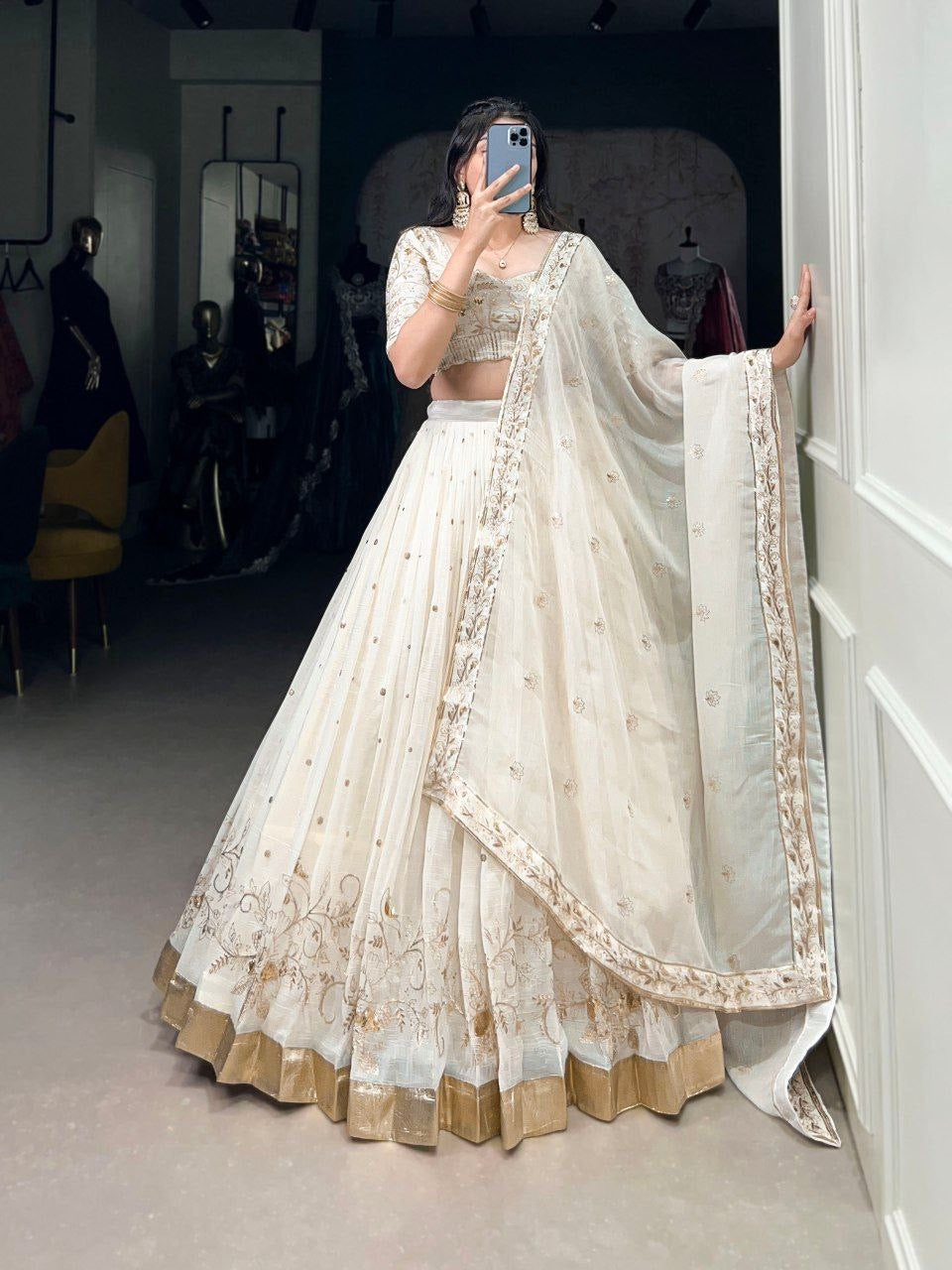 MEERA — Cream White x Gold Lehenga