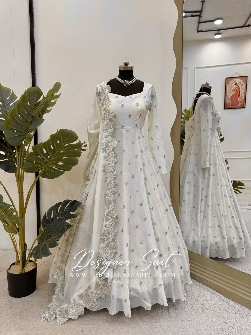RABIAA - White x Silver Anarkali Suit