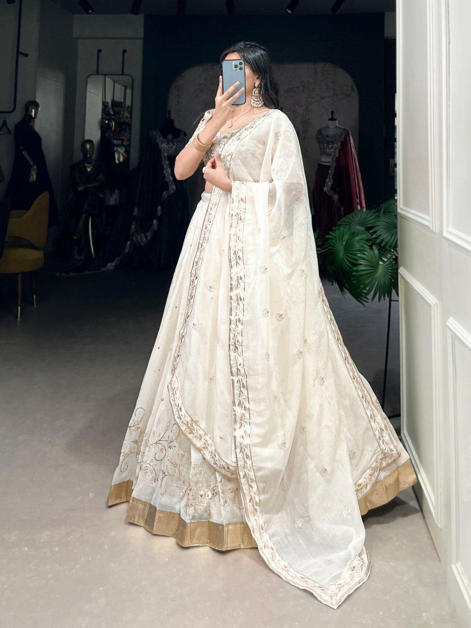 MEERA — Cream White x Gold Lehenga