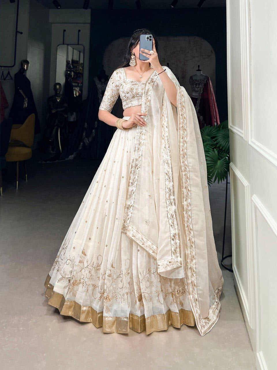 MEERA — Cream White x Gold Lehenga