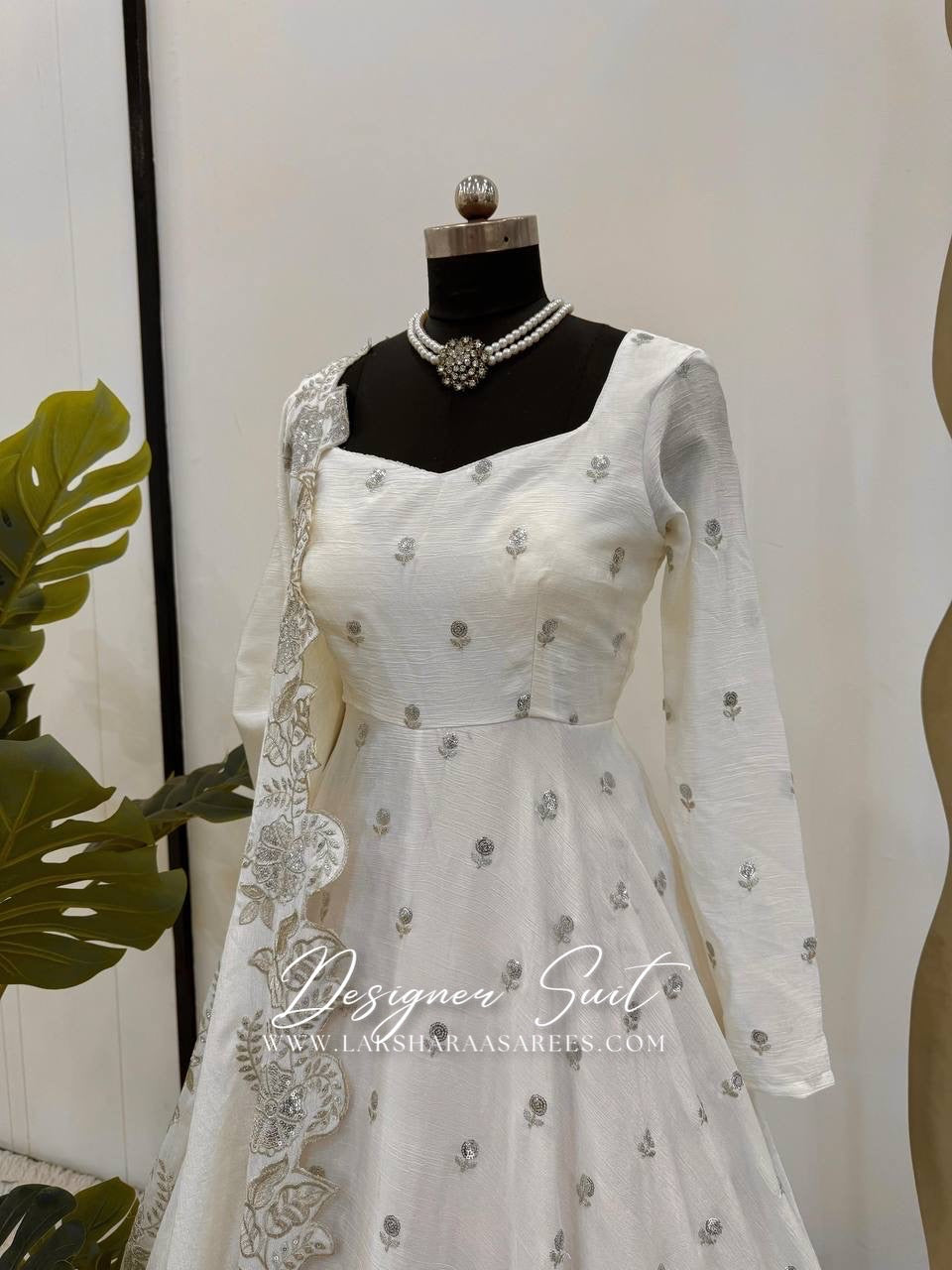 RABIAA - White x Silver Anarkali Suit