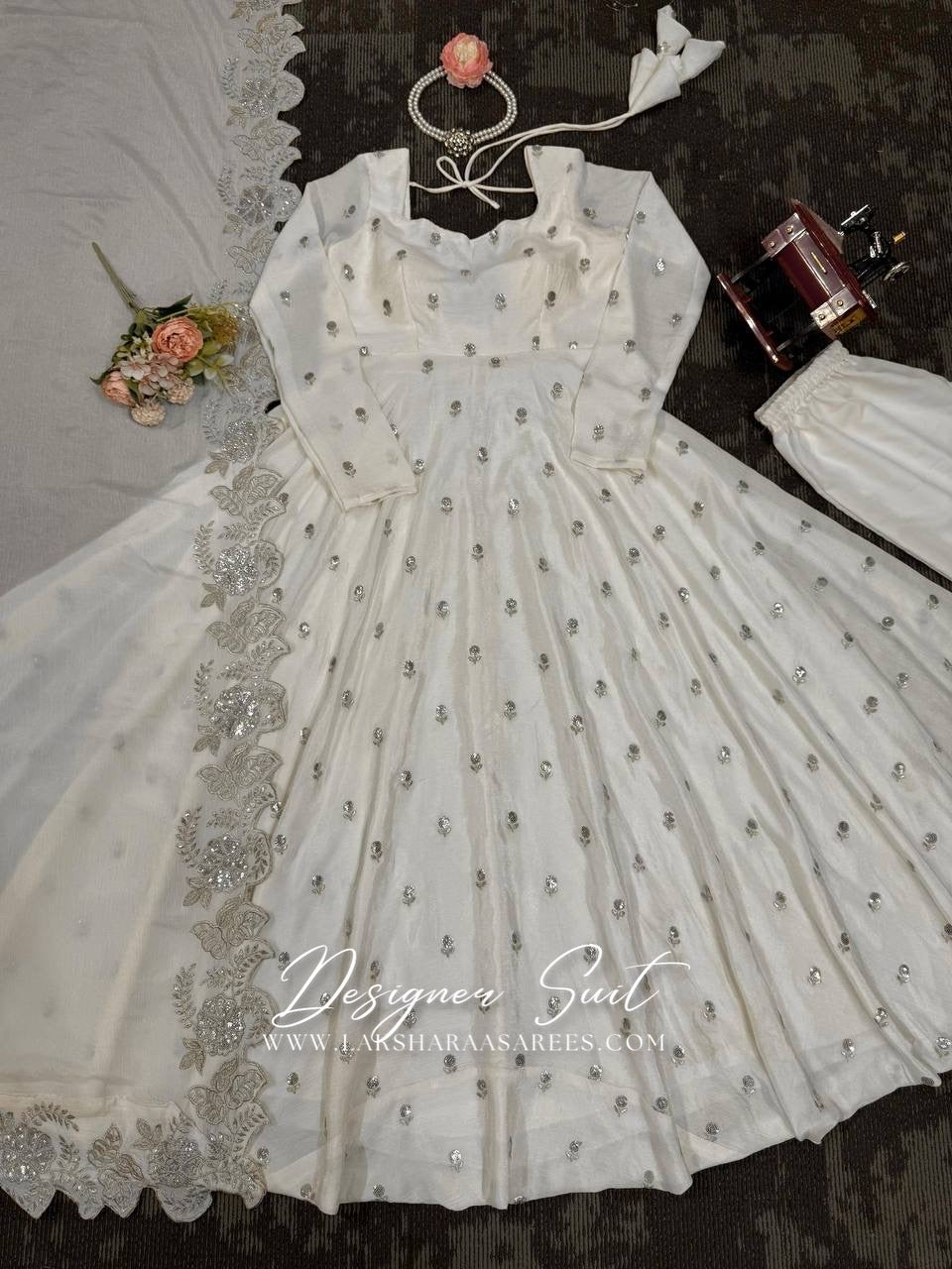RABIAA - White x Silver Anarkali Suit