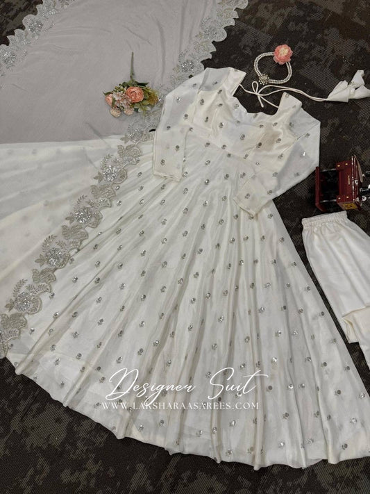 RABIAA - White x Silver Anarkali Suit
