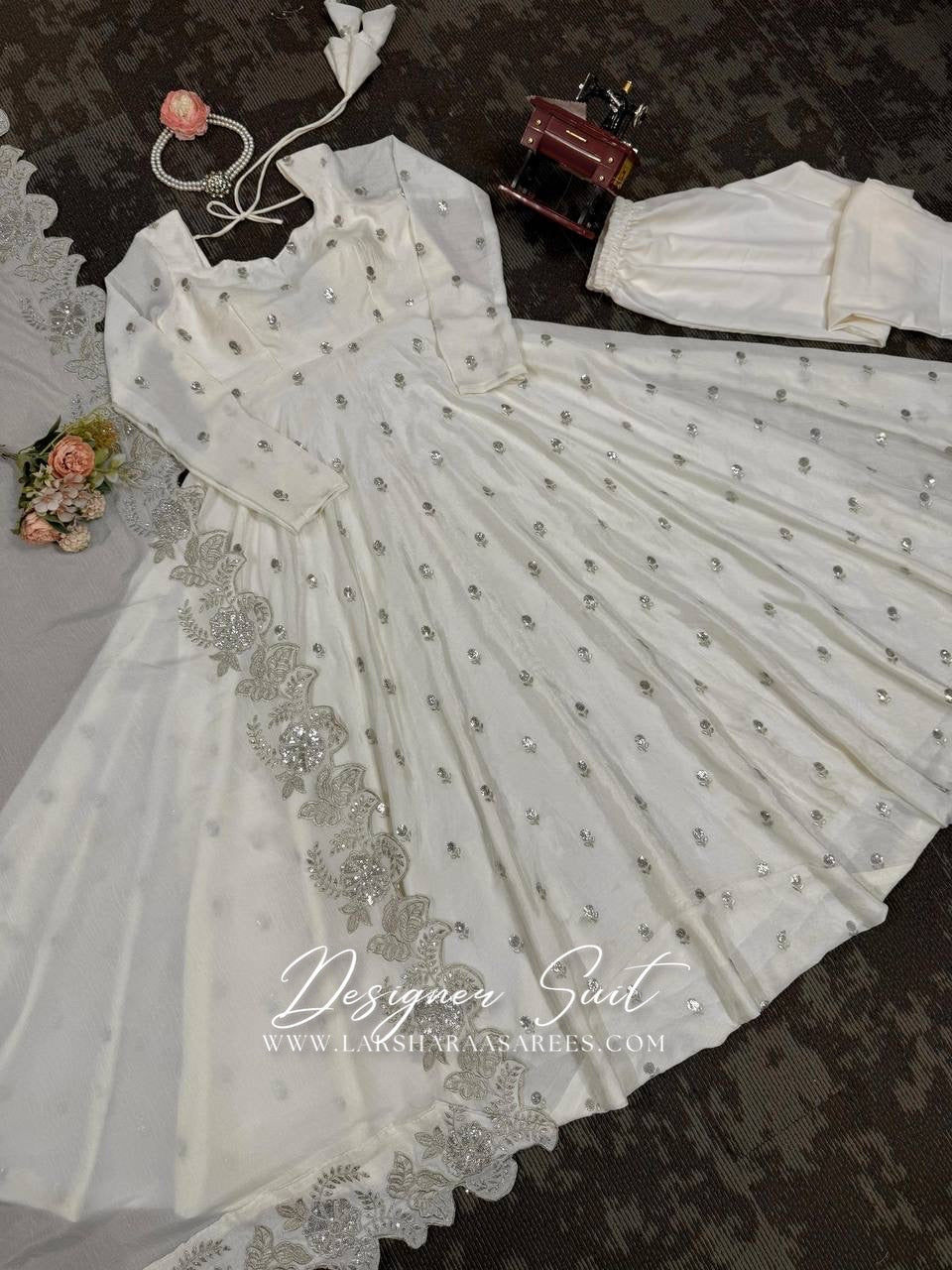RABIAA - White x Silver Anarkali Suit