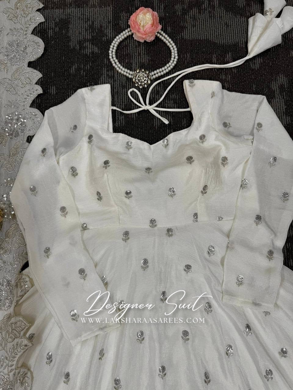 RABIAA - White x Silver Anarkali Suit