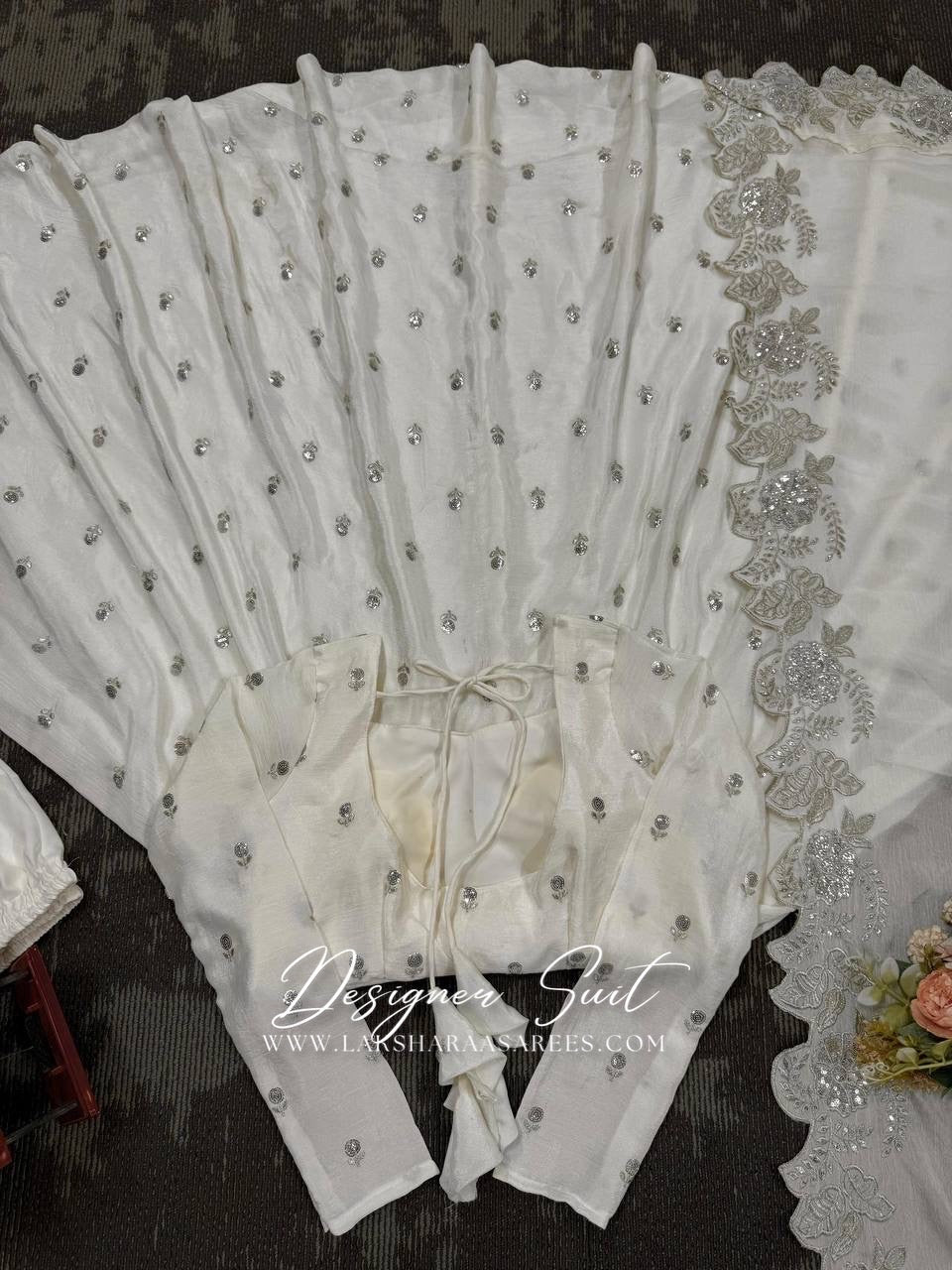 RABIAA - White x Silver Anarkali Suit