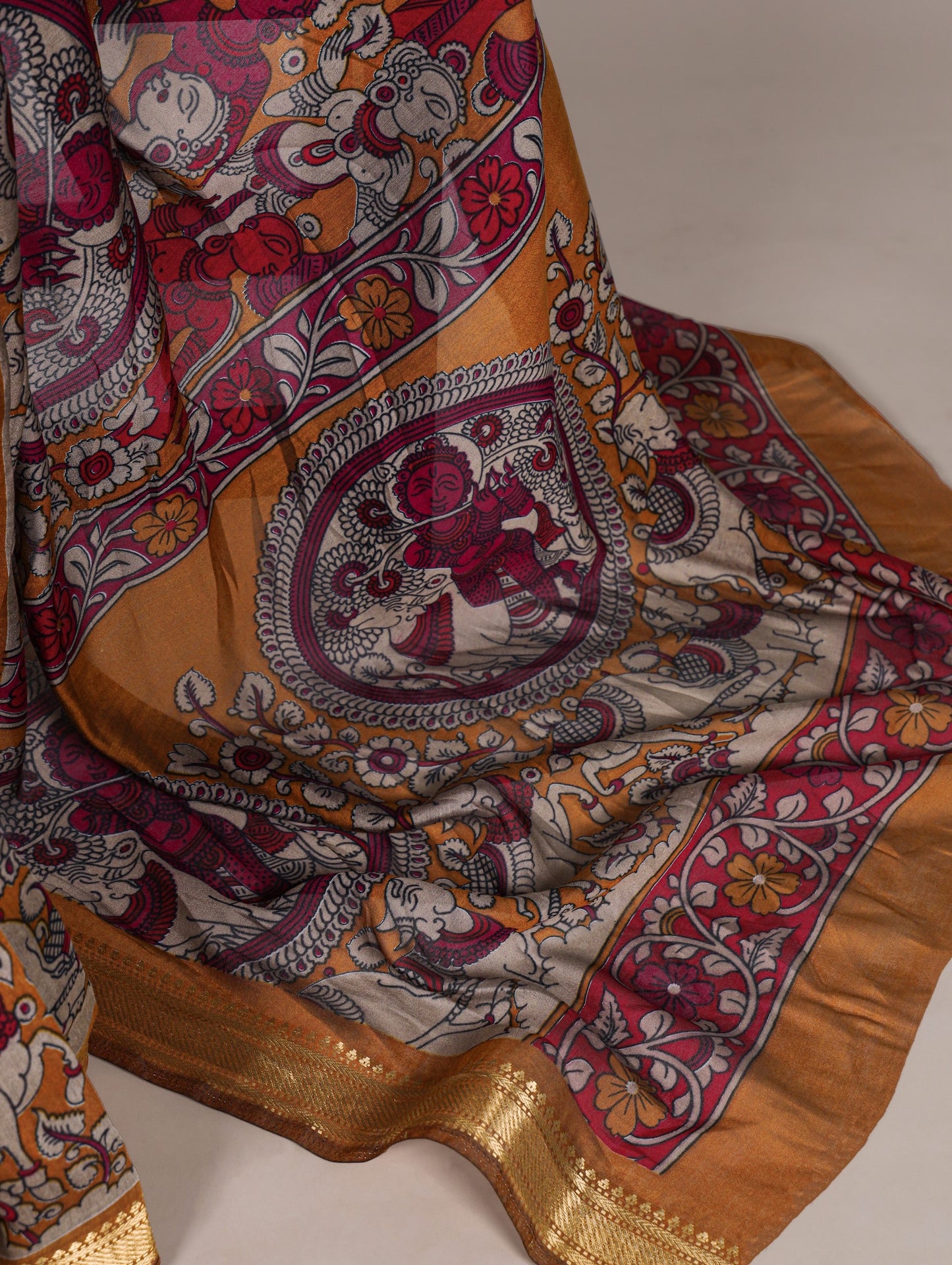 Soft Kalamkari Chanderi saree in vibrant colors with intricate hand-painted designs, traditional Indian textile from Laksharaa Sarees.