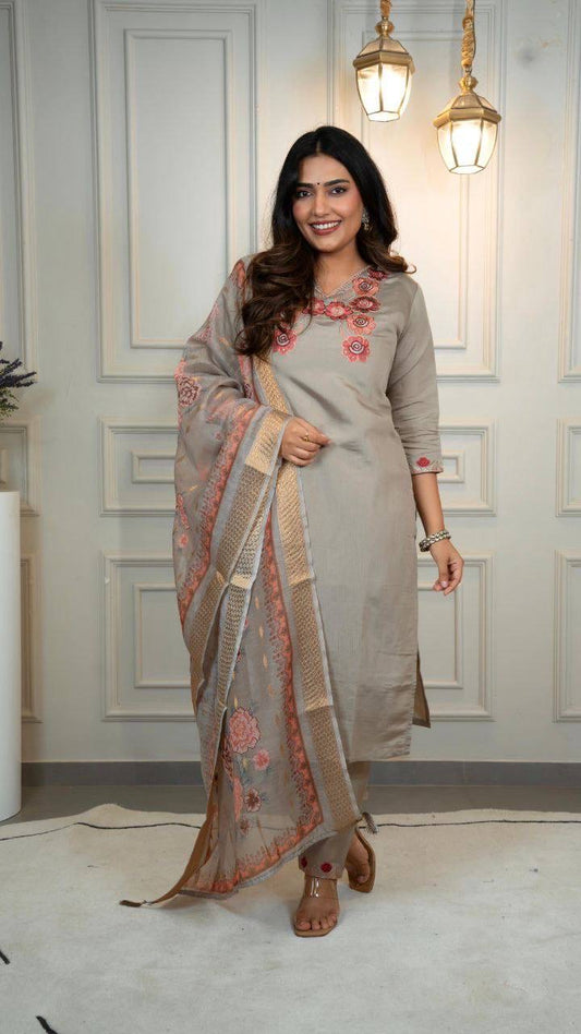 Grey Floral Kurti Set