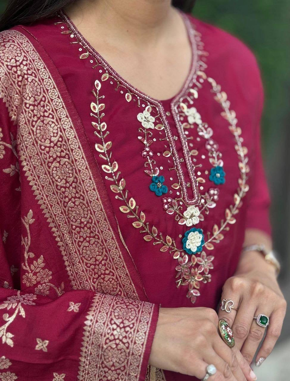Maroon Floral Kurti Set
