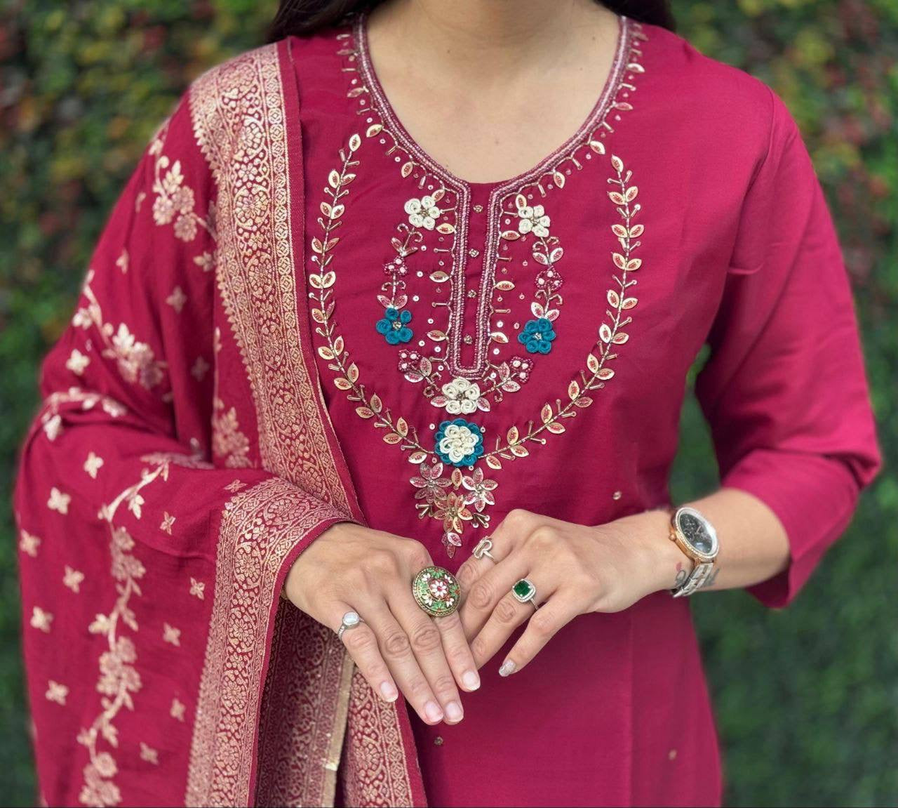 Maroon Floral Kurti Set