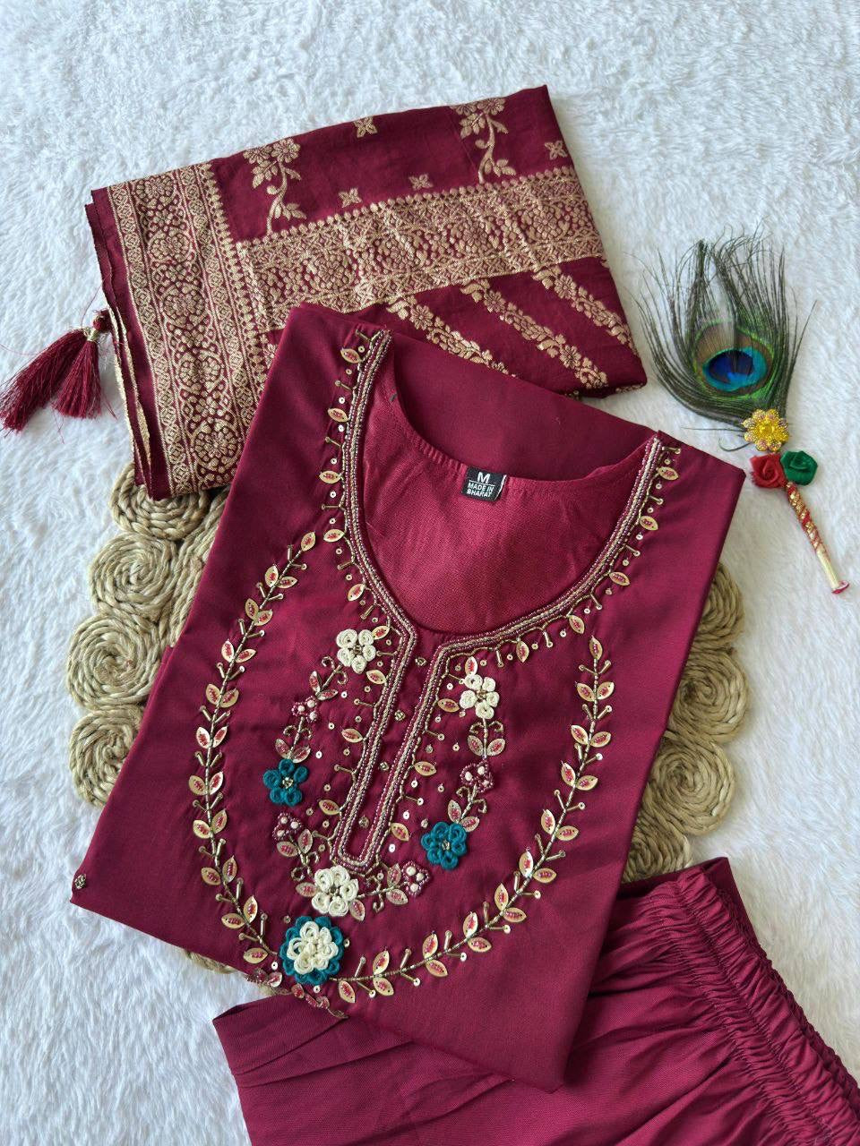 Maroon Floral Kurti Set