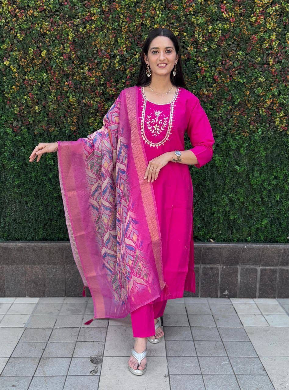 Hot Pink Green Premium Kurta Suit