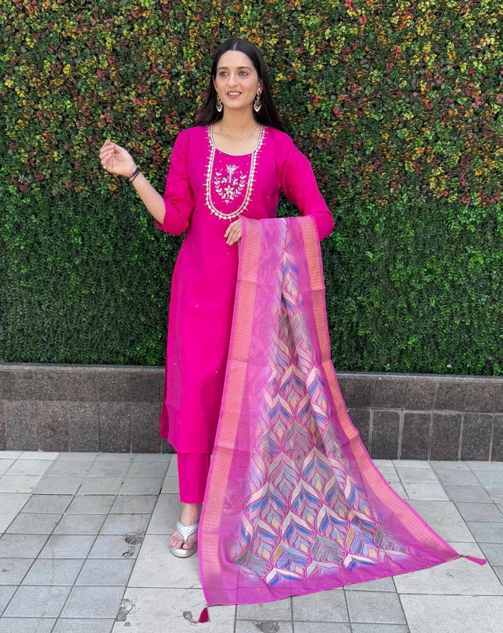 Hot Pink Green Premium Kurta Suit