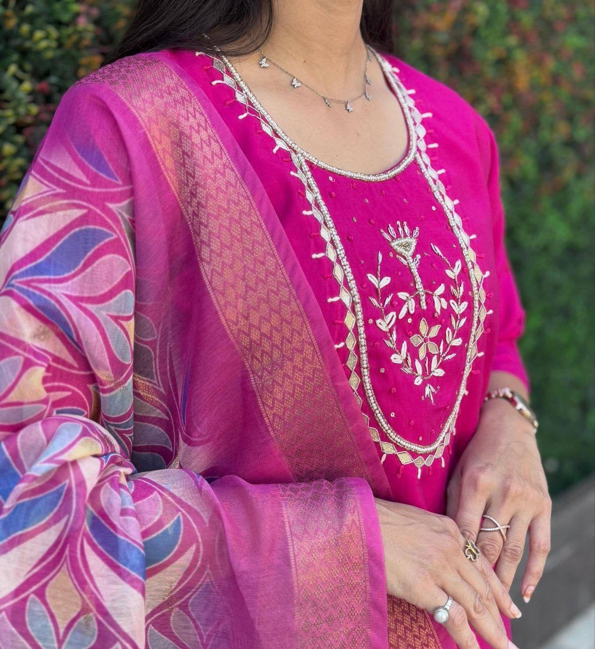 Hot Pink Green Premium Kurta Suit