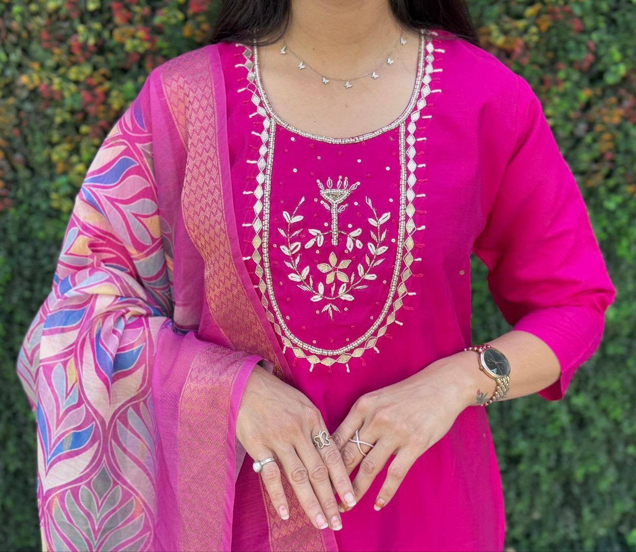 Hot Pink Green Premium Kurta Suit